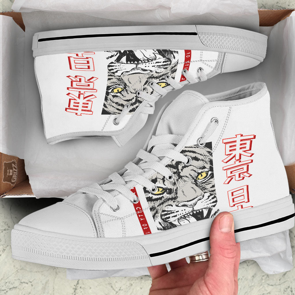 Tiger Japanese Style Print White High Top Shoes-grizzshop