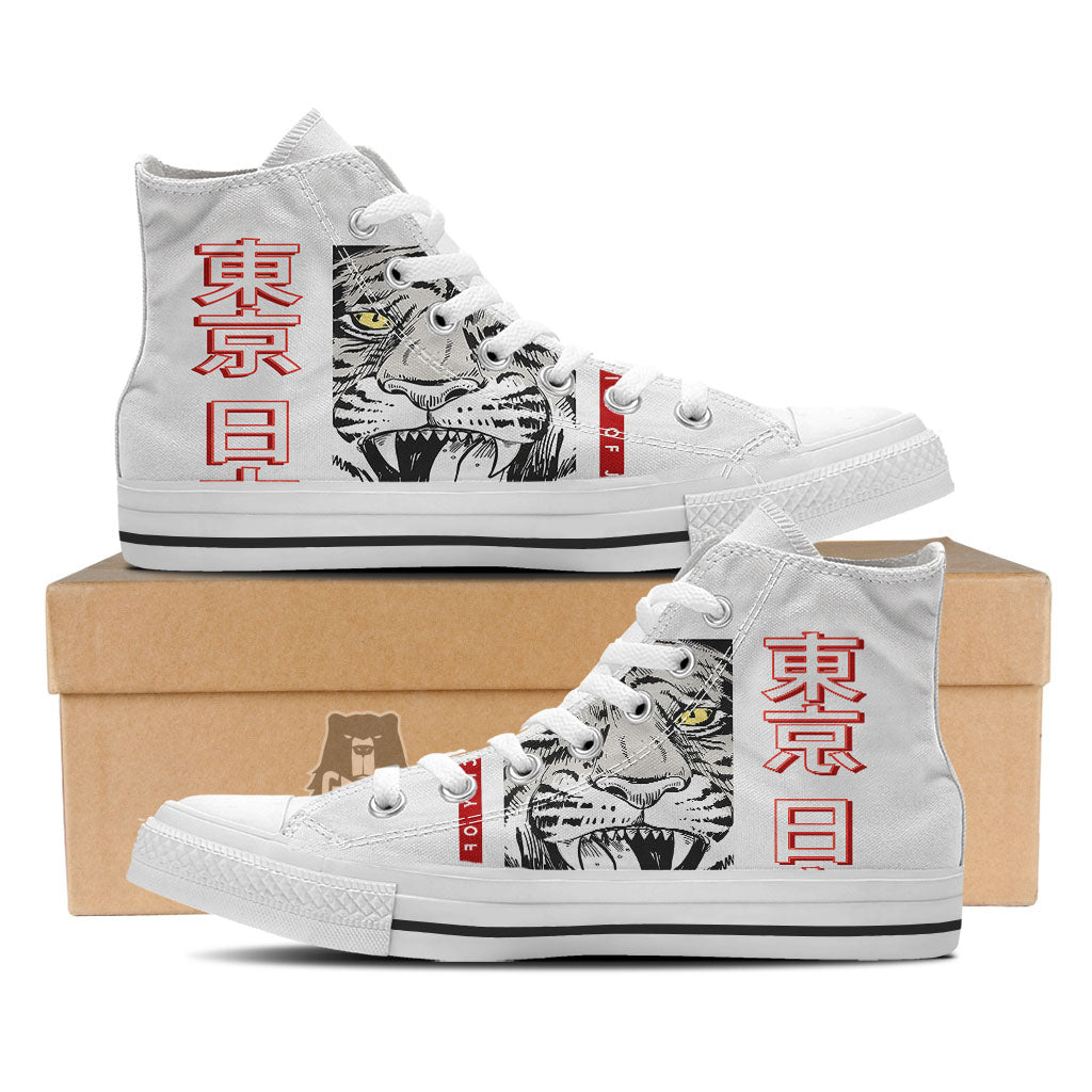 Tiger Japanese Style Print White High Top Shoes-grizzshop