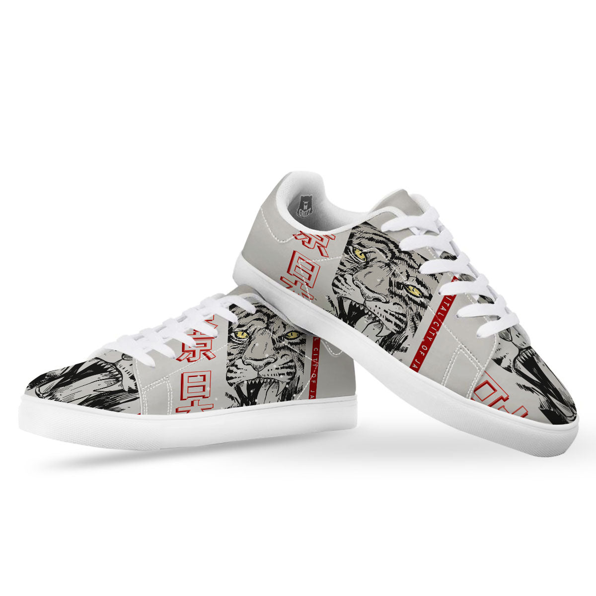 Tiger Japanese Style Print White Low Top Sneakers-grizzshop