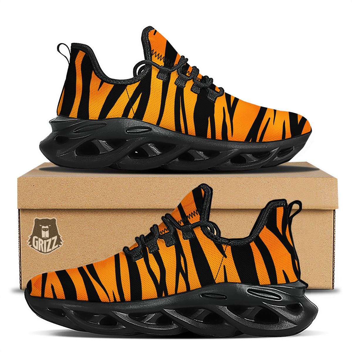 Tiger Stripe Black And Orange Print Black Running Shoes-grizzshop