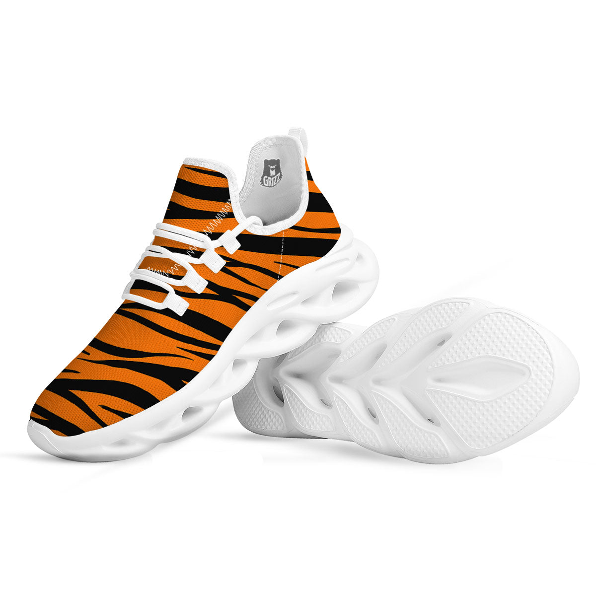 Tiger Stripe Black And Orange Print White Running Shoes-grizzshop