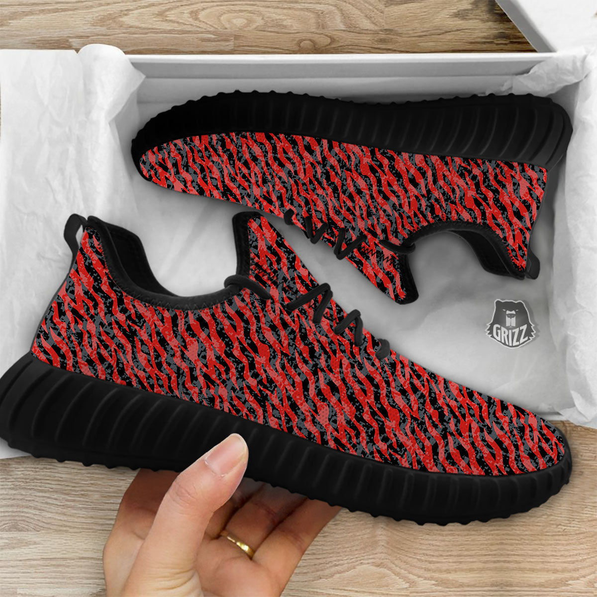 Tiger Stripe Camo Red And Black Print Black Walking Shoes-grizzshop