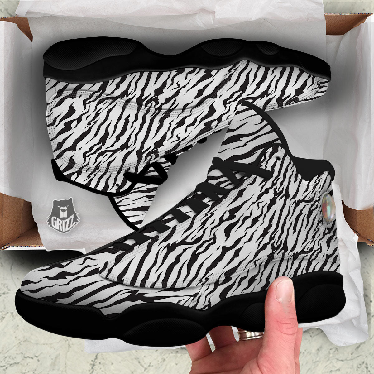 Tiger White And Black Print Pattern Black Basketball Shoes-grizzshop