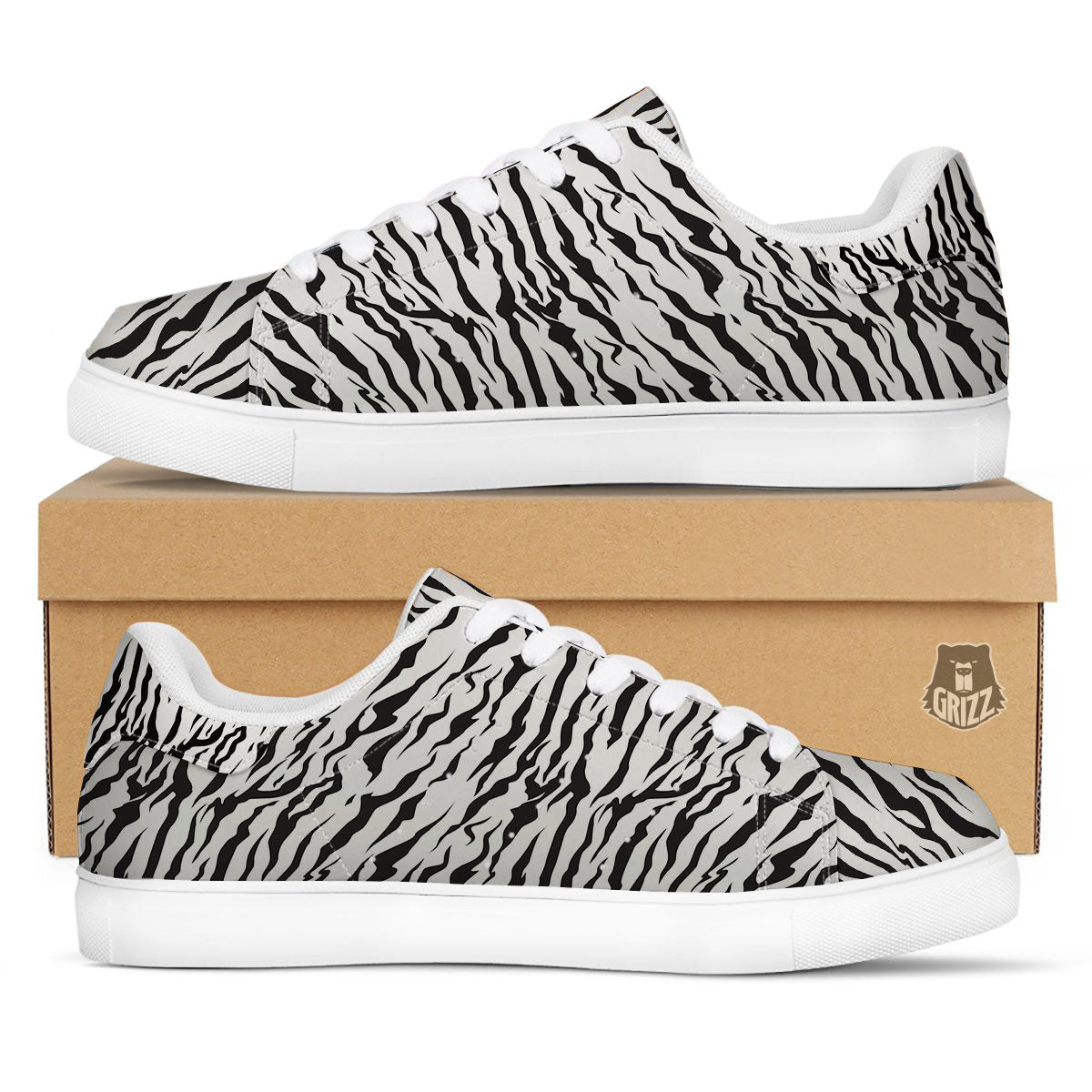 Tiger White And Black Print Pattern White Low Top Sneakers-grizzshop