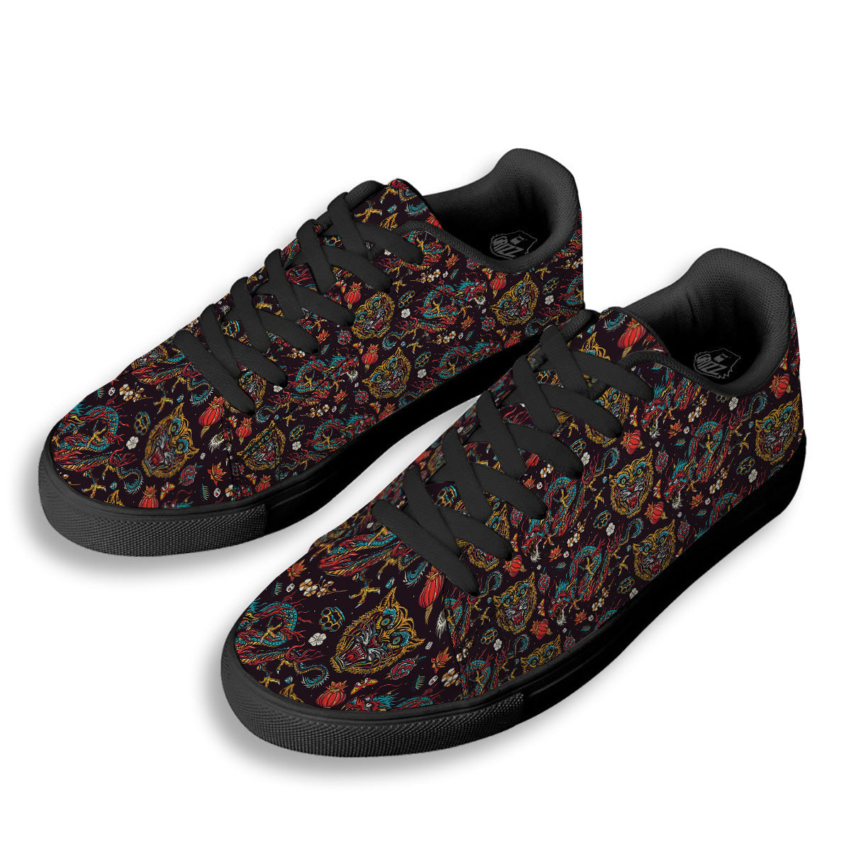 Tigers And Dragons Colorful Tattoo Print Pattern Black Low Top Sneakers-grizzshop