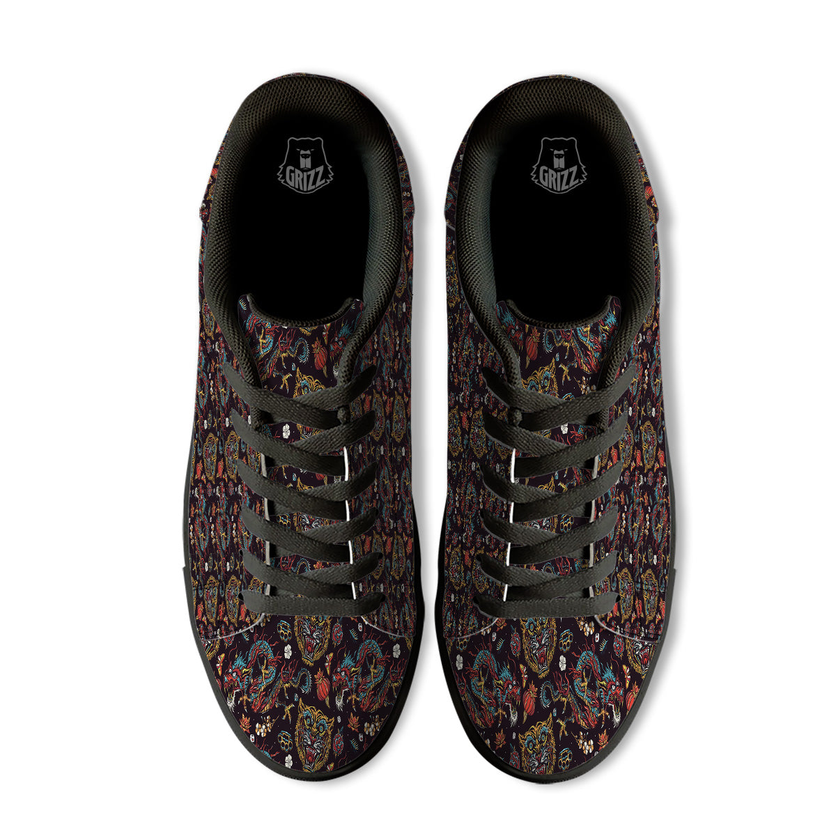 Tigers And Dragons Colorful Tattoo Print Pattern Black Low Top Sneakers-grizzshop