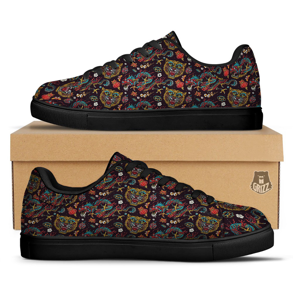 Tigers And Dragons Colorful Tattoo Print Pattern Black Low Top Sneakers-grizzshop