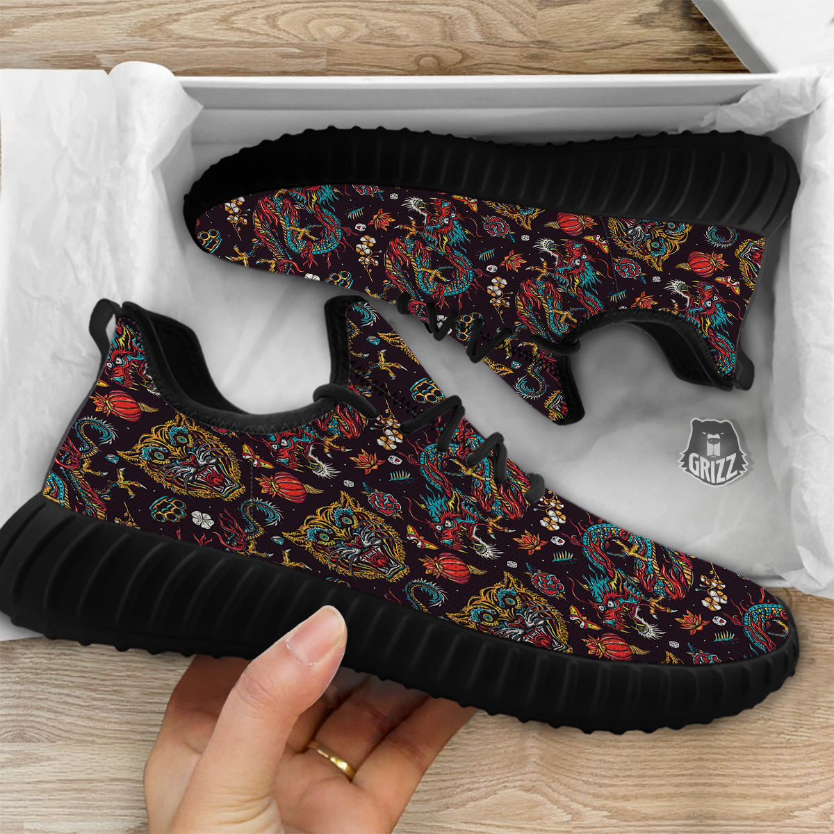 Tigers And Dragons Colorful Tattoo Print Pattern Black Walking Shoes-grizzshop