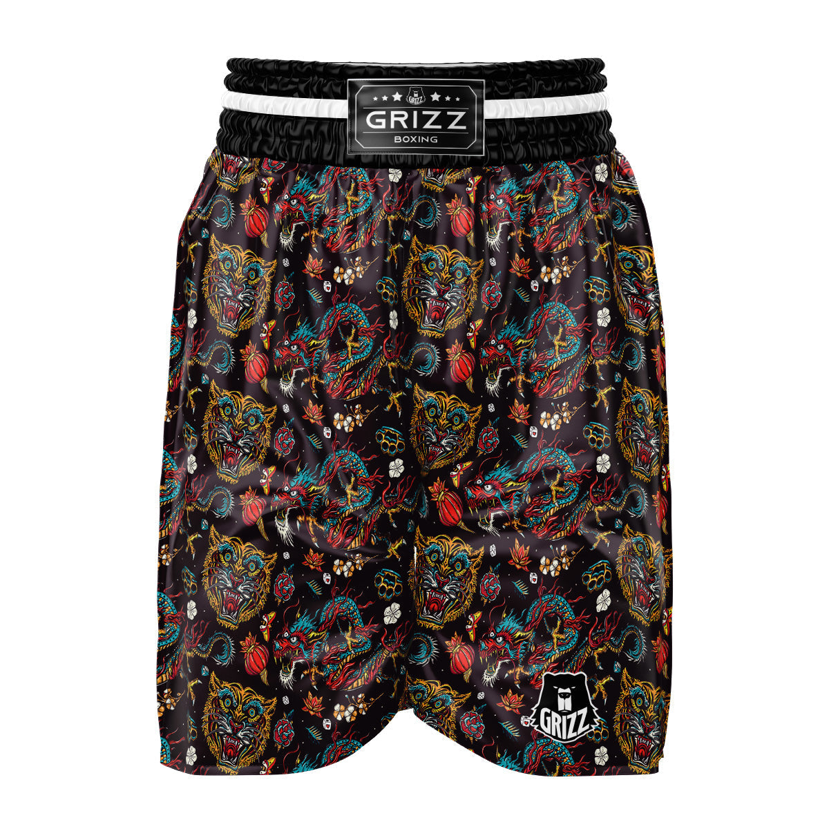 Tigers And Dragons Colorful Tattoo Print Pattern Boxing Shorts-grizzshop