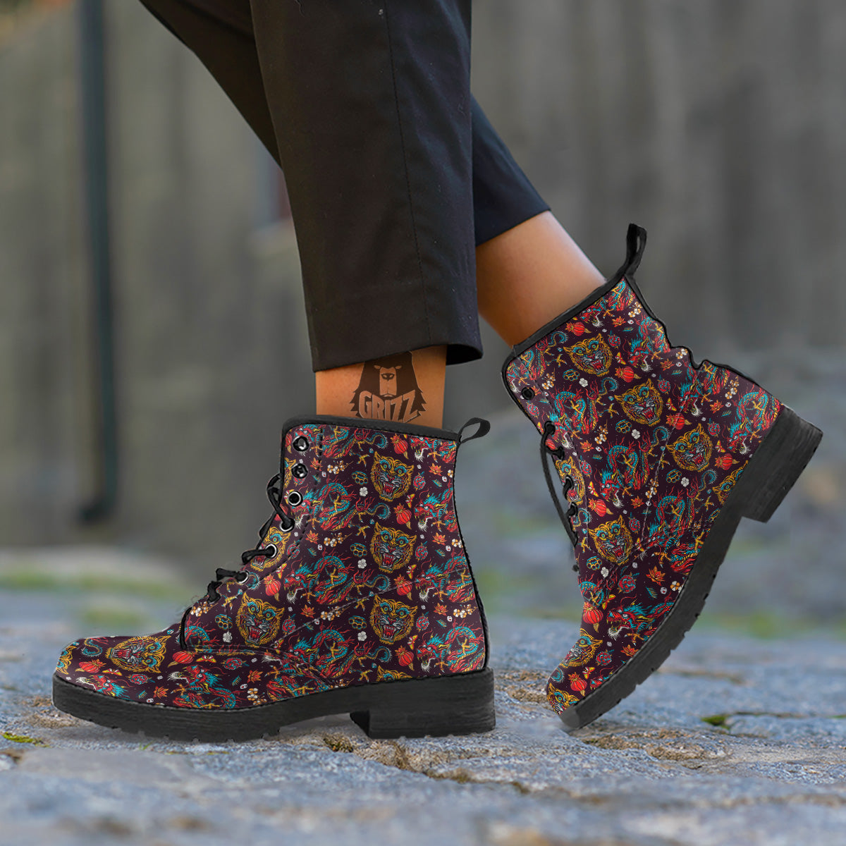Tigers And Dragons Colorful Tattoo Print Pattern Leather Boots-grizzshop
