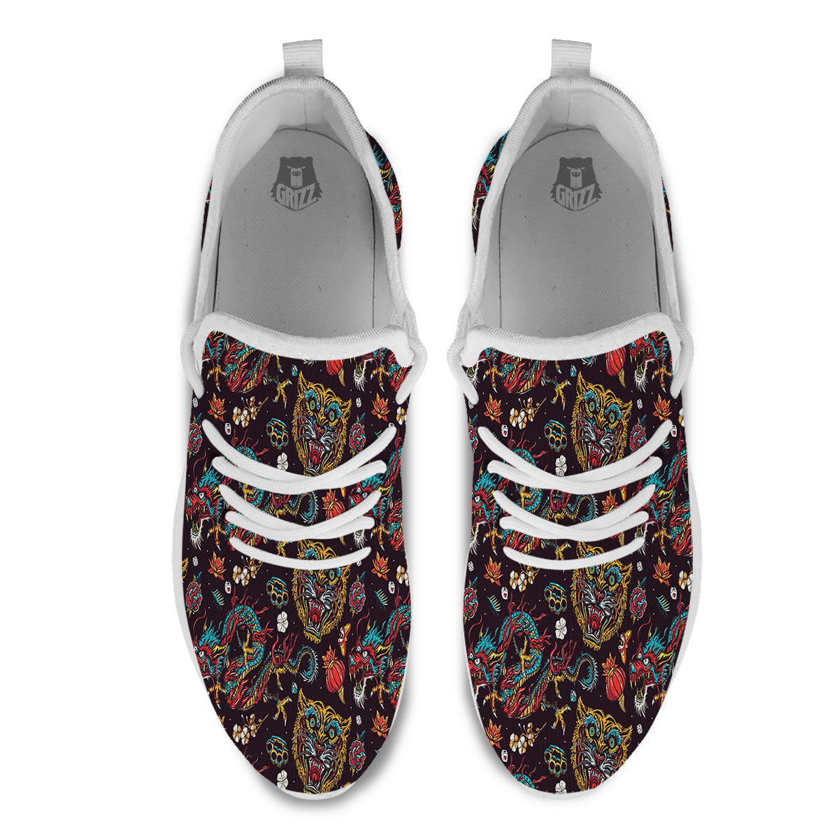 Tigers And Dragons Colorful Tattoo Print Pattern White Athletic Shoes-grizzshop