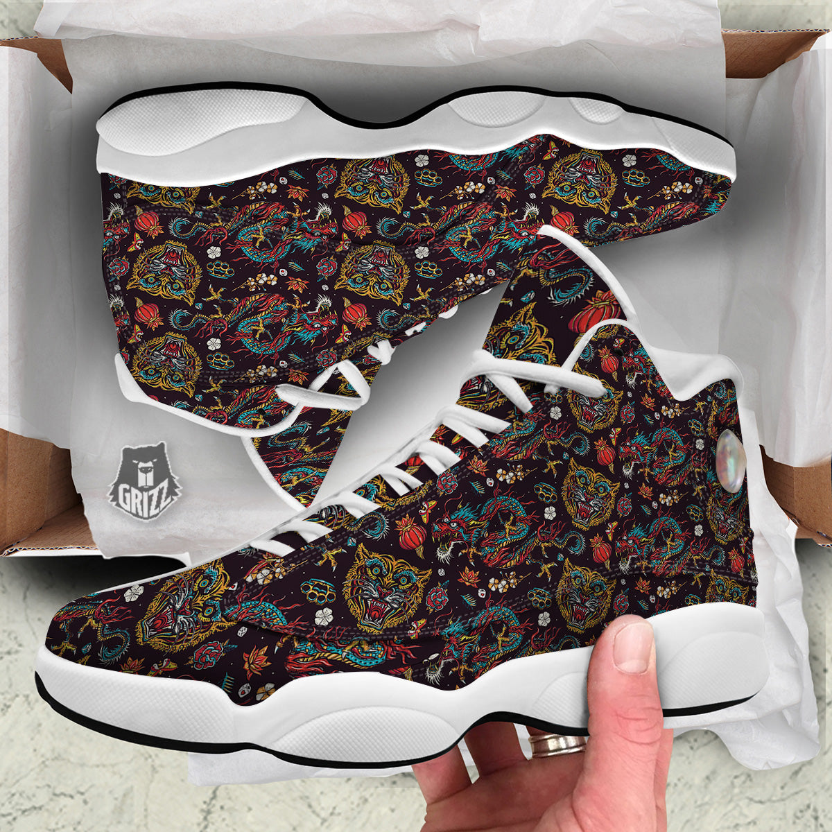 Tigers And Dragons Colorful Tattoo Print Pattern White Basketball Shoes-grizzshop