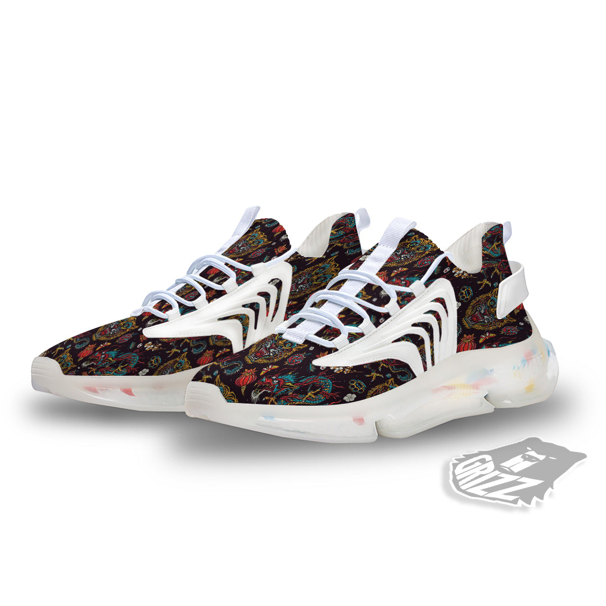 Tigers And Dragons Colorful Tattoo Print Pattern White Gym Shoes-grizzshop