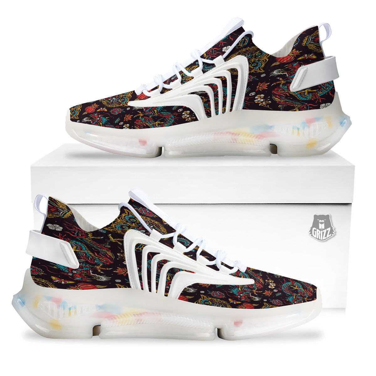Tigers And Dragons Colorful Tattoo Print Pattern White Gym Shoes-grizzshop