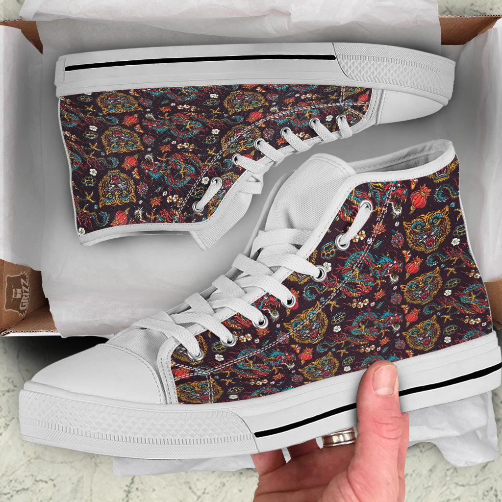 Tigers And Dragons Colorful Tattoo Print Pattern White High Top Shoes-grizzshop