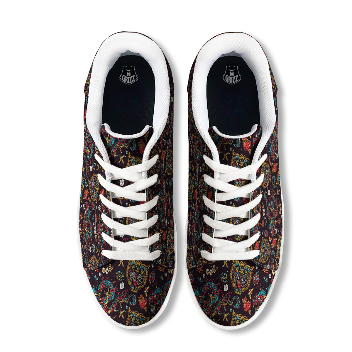Tigers And Dragons Colorful Tattoo Print Pattern White Low Top Sneakers-grizzshop