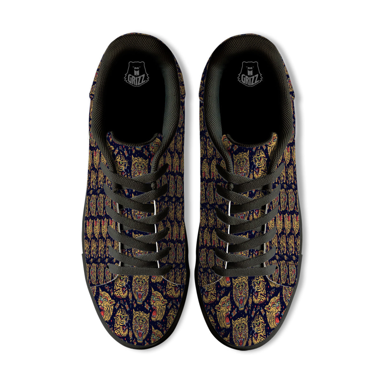Tigers Head Tattoo Print Pattern Black Low Top Sneakers-grizzshop