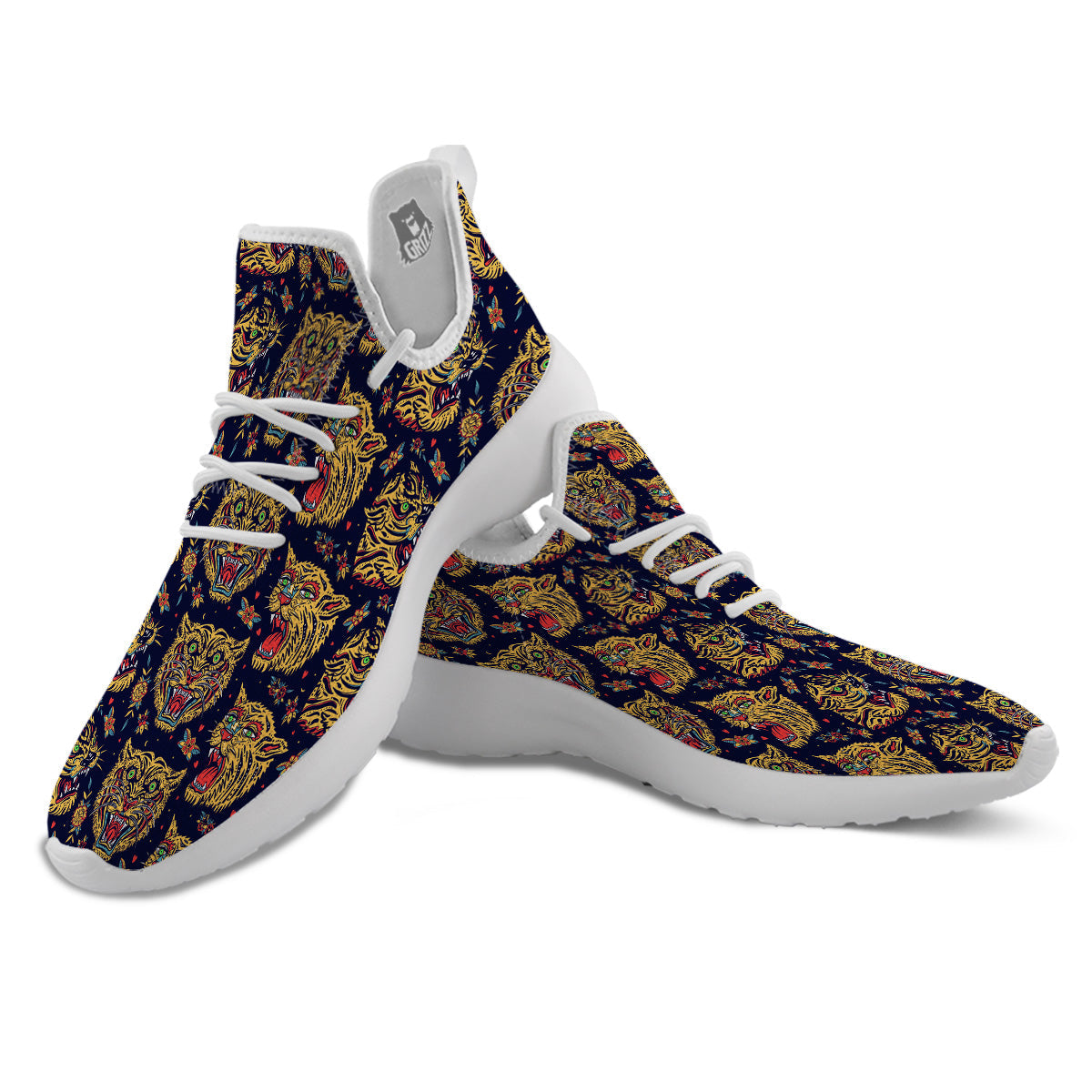 Tigers Head Tattoo Print Pattern White Athletic Shoes-grizzshop
