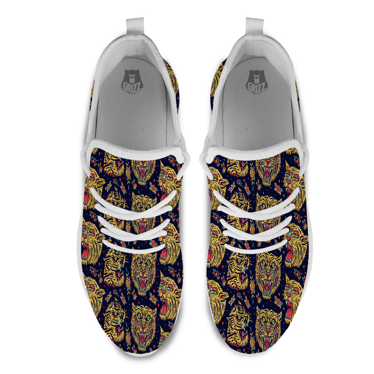 Tigers Head Tattoo Print Pattern White Athletic Shoes-grizzshop