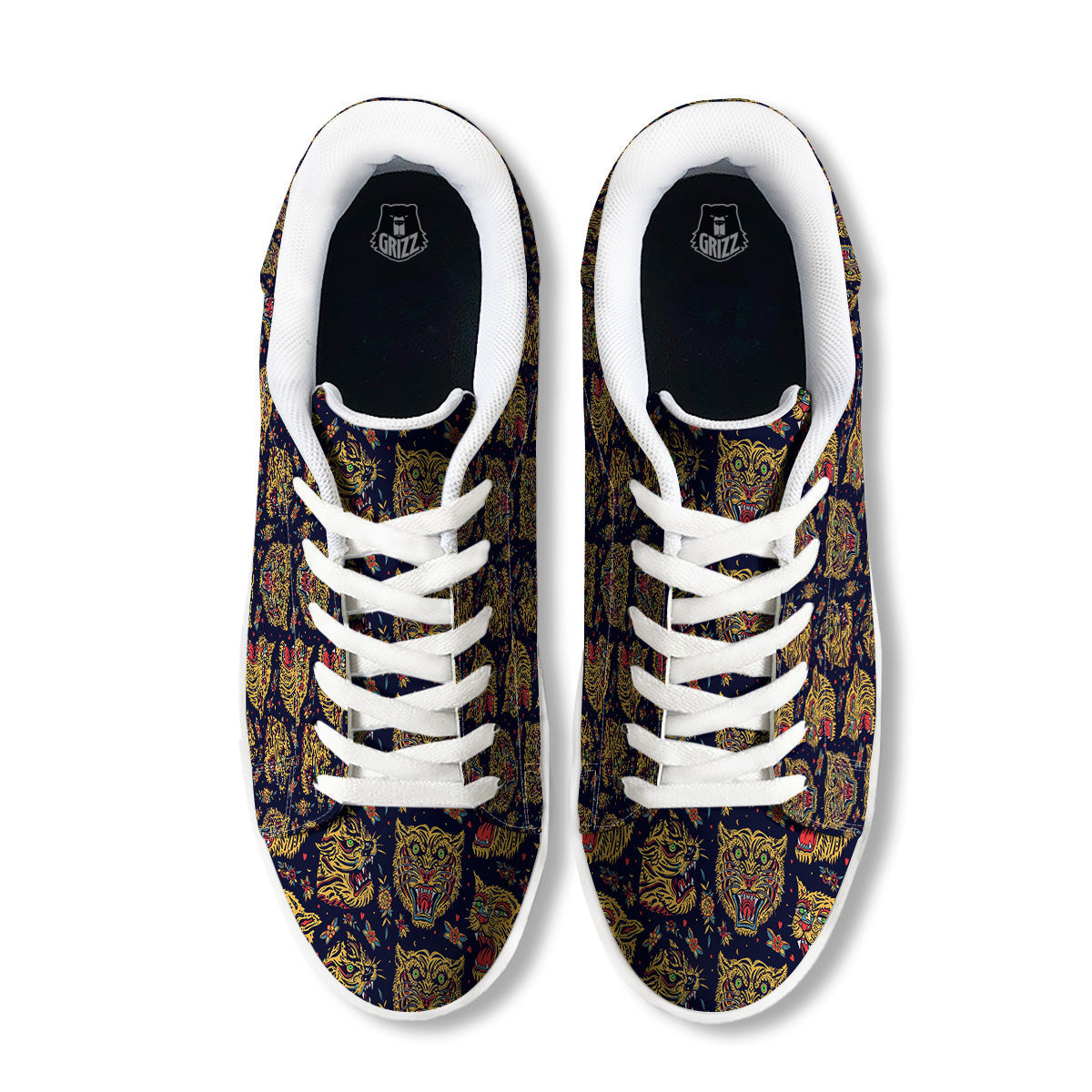 Tigers Head Tattoo Print Pattern White Low Top Sneakers-grizzshop