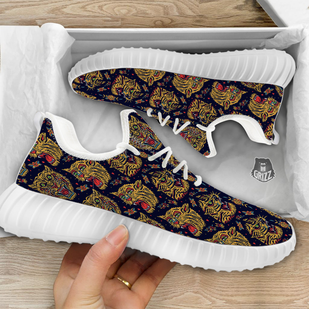Tigers Head Tattoo Print Pattern White Walking Shoes-grizzshop