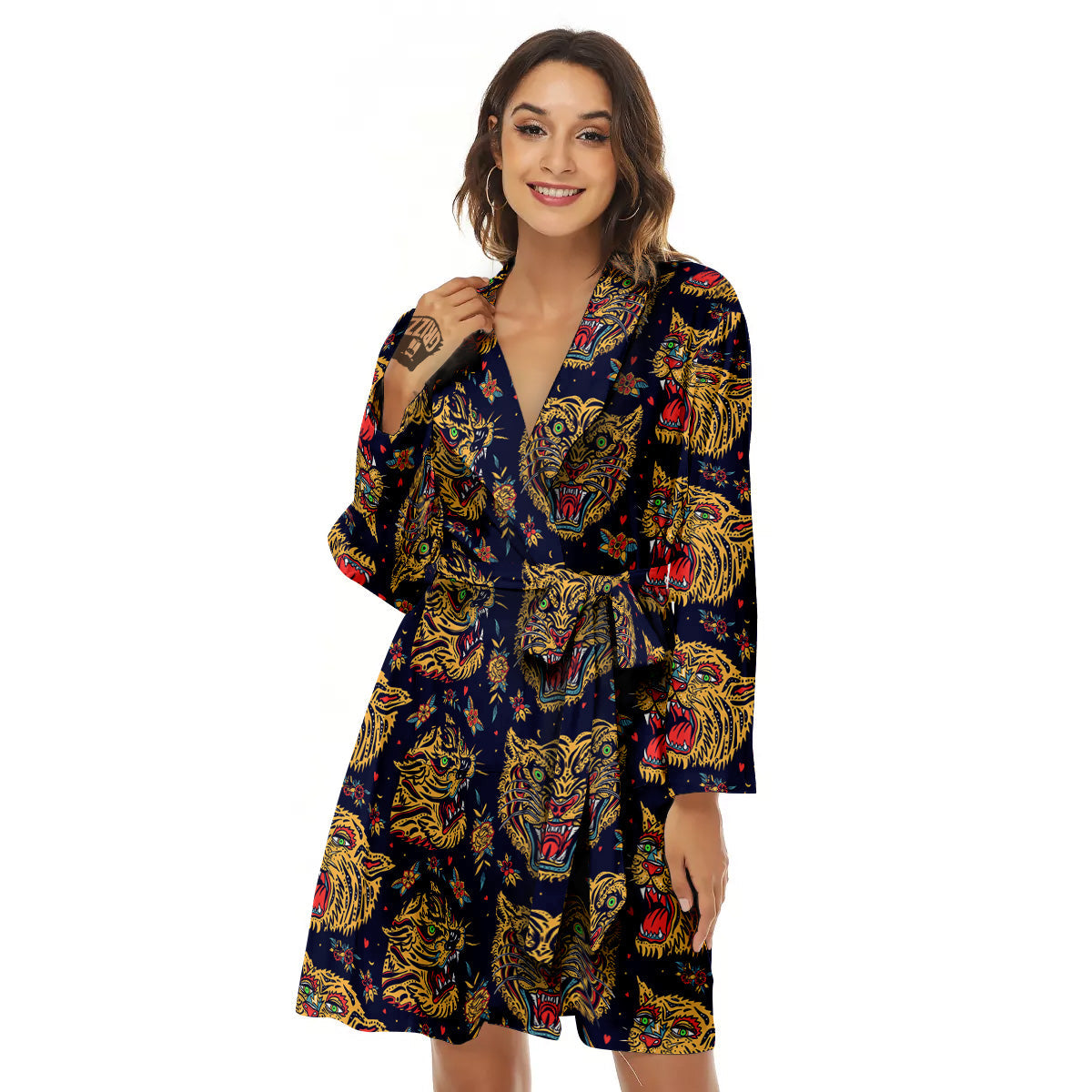 Tigers Head Tattoo Print Pattern Women's Robe-grizzshop