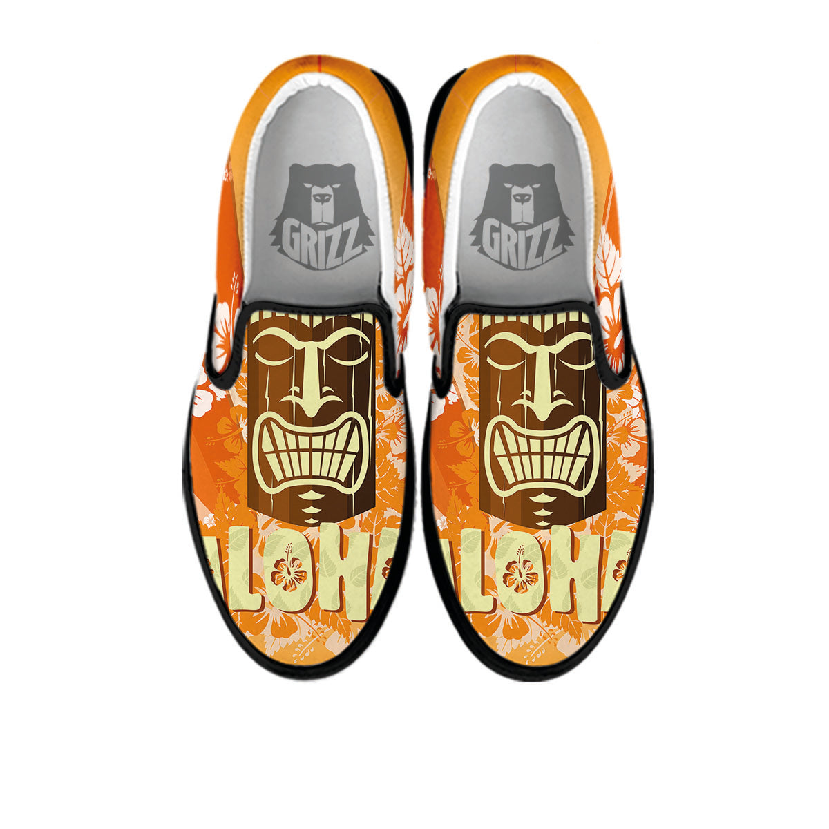 Tiki Aloha Print Black Slip On Shoes-grizzshop