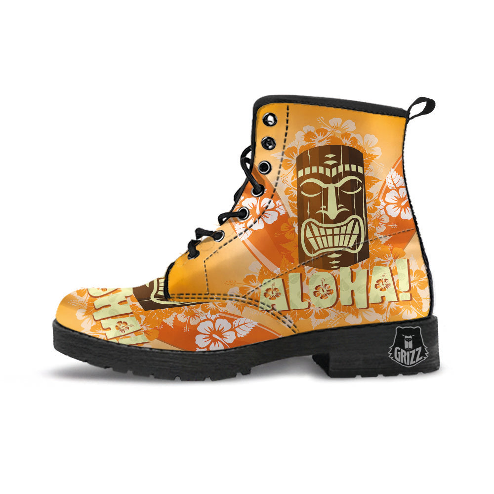 Tiki Aloha Print Leather Boots-grizzshop