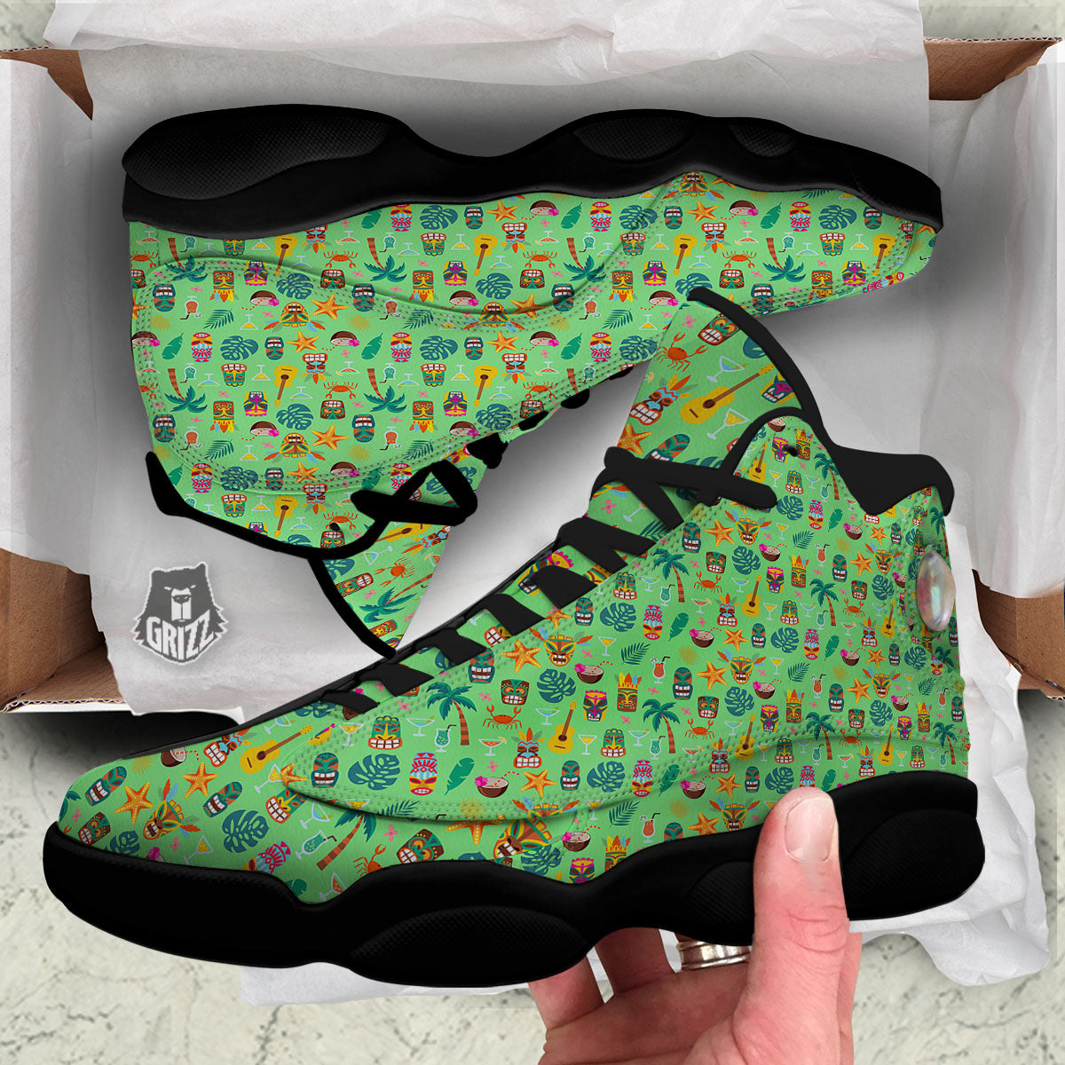 Tiki Colorful Print Pattern Black Basketball Shoes-grizzshop