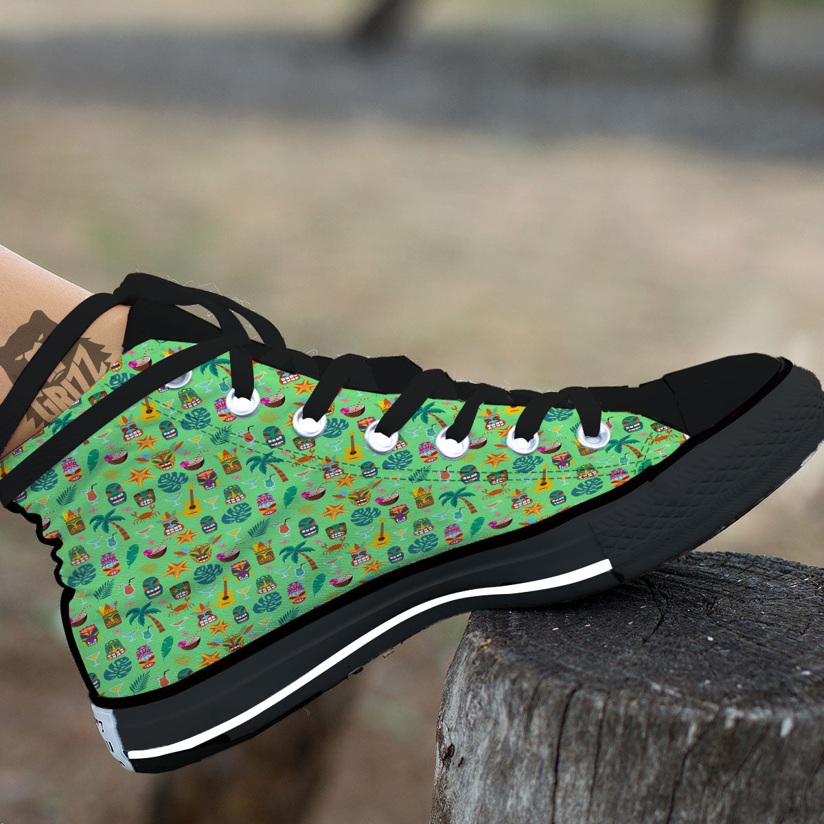 Tiki Colorful Print Pattern Black High Top Shoes-grizzshop