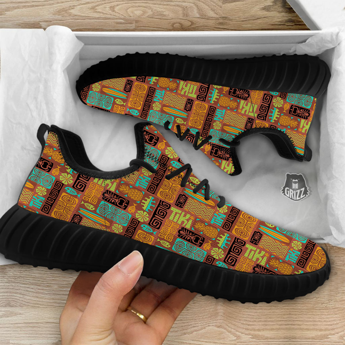 Tiki Ethnic Print Pattern Black Walking Shoes-grizzshop