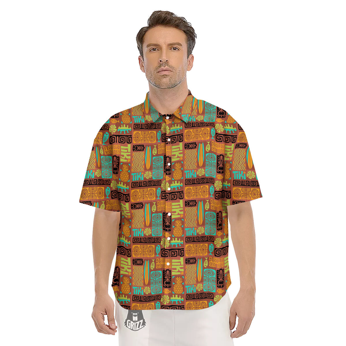 Tiki Ethnic Print Pattern Men's Short Sleeve Shirts-grizzshop