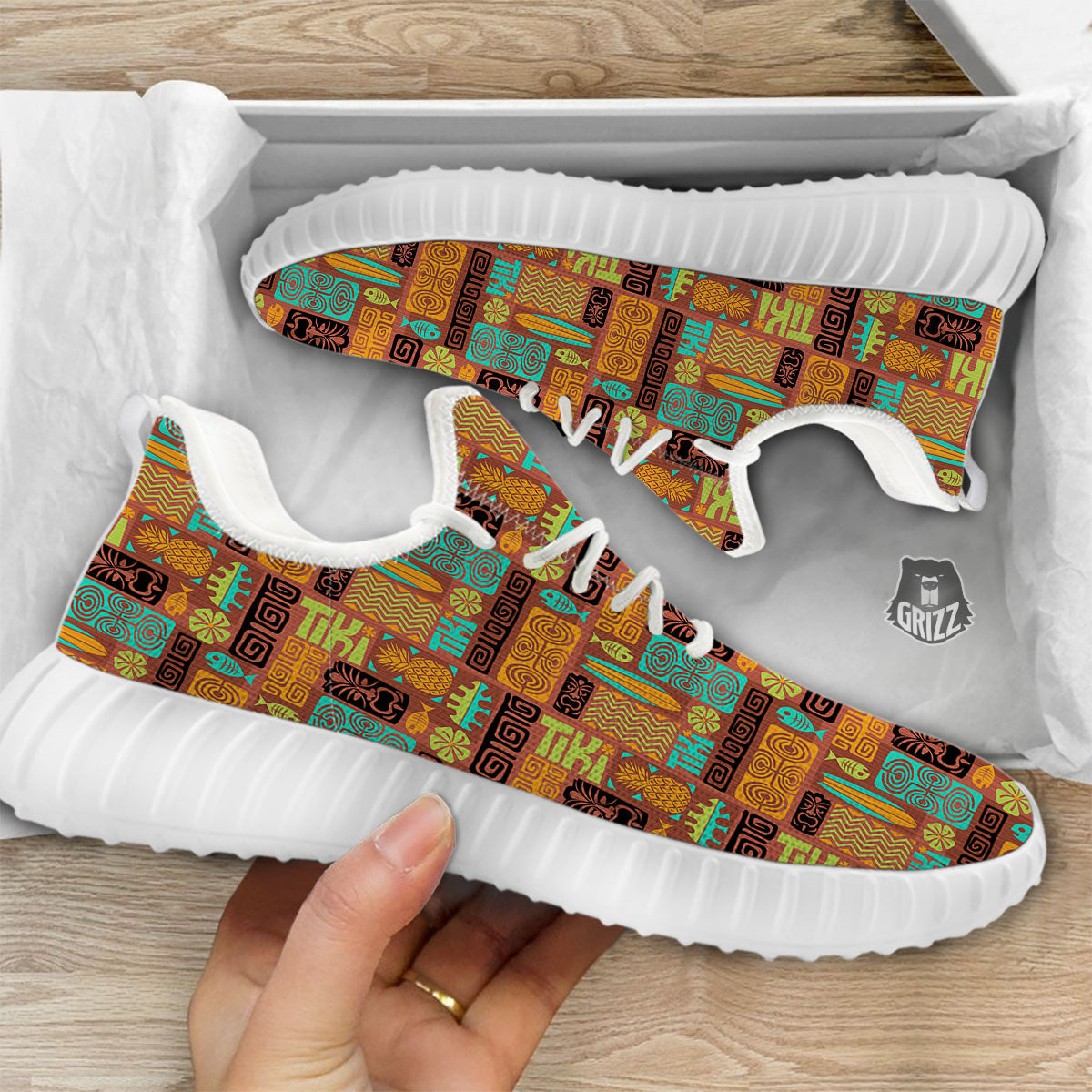 Tiki Ethnic Print Pattern White Walking Shoes-grizzshop