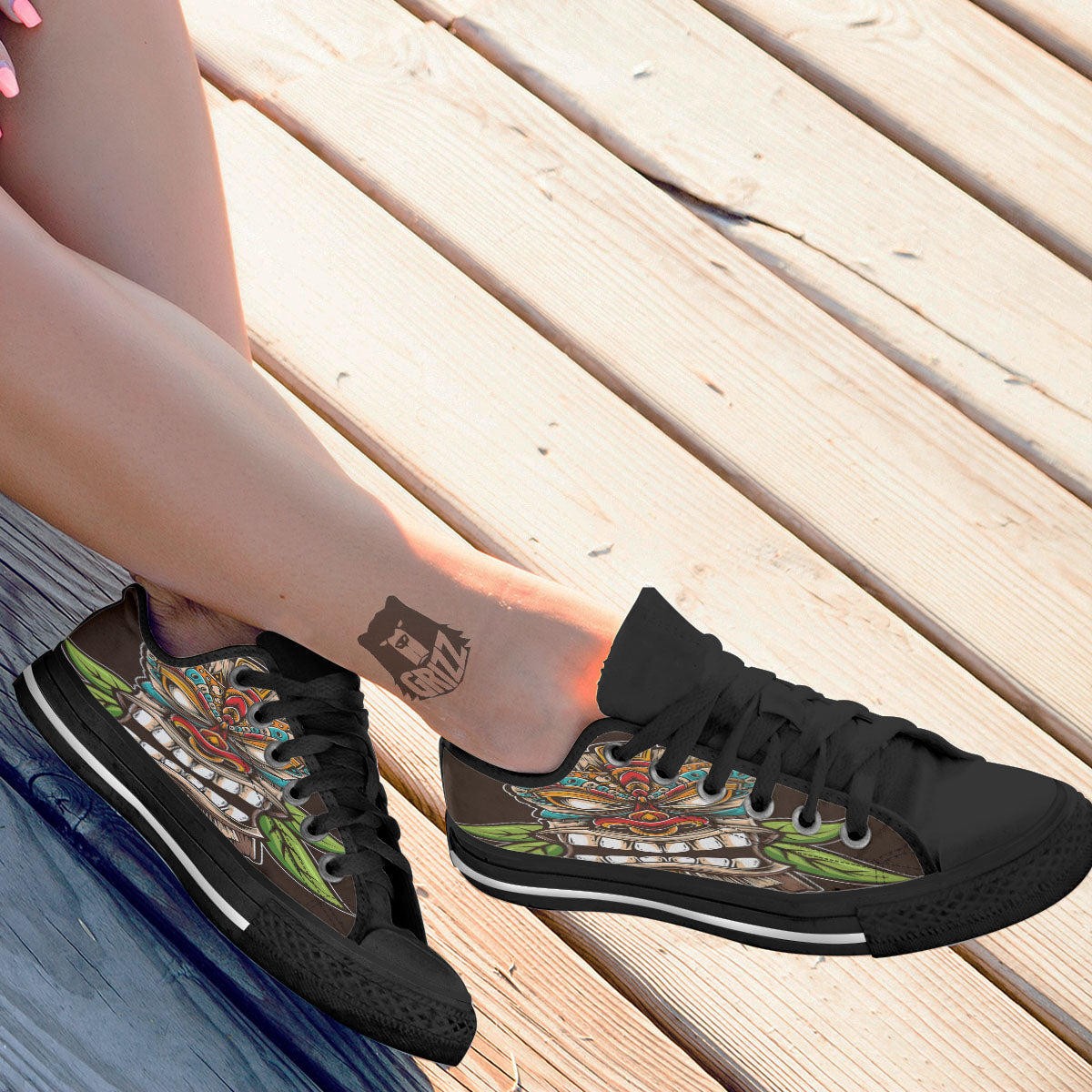 Tiki Hawaiian Print Black Low Top Shoes-grizzshop