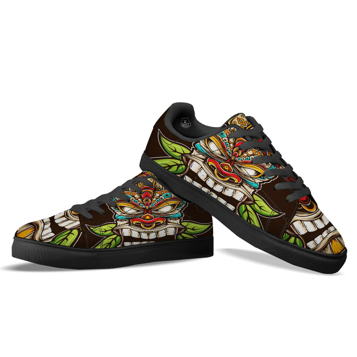 Tiki Hawaiian Print Black Low Top Sneakers-grizzshop
