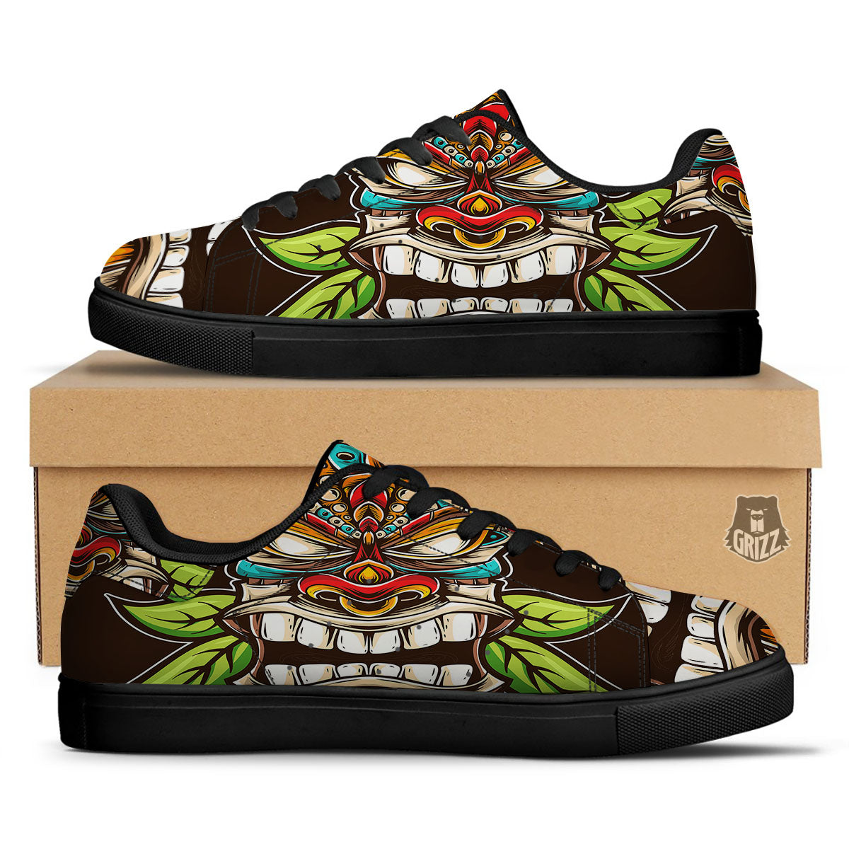 Tiki Hawaiian Print Black Low Top Sneakers-grizzshop
