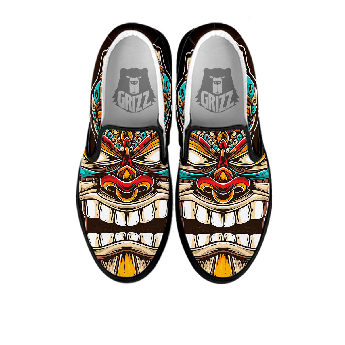 Tiki Hawaiian Print Black Slip On Shoes-grizzshop