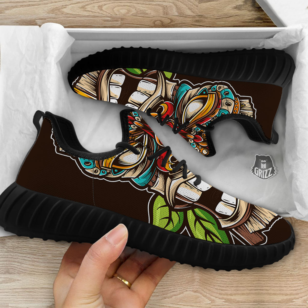 Tiki Hawaiian Print Black Walking Shoes-grizzshop