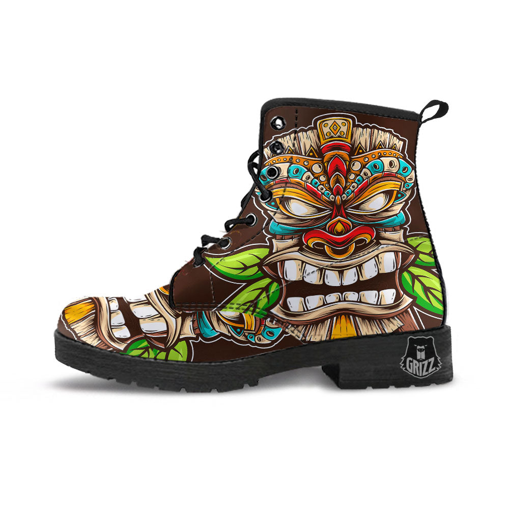 Tiki Hawaiian Print Leather Boots-grizzshop
