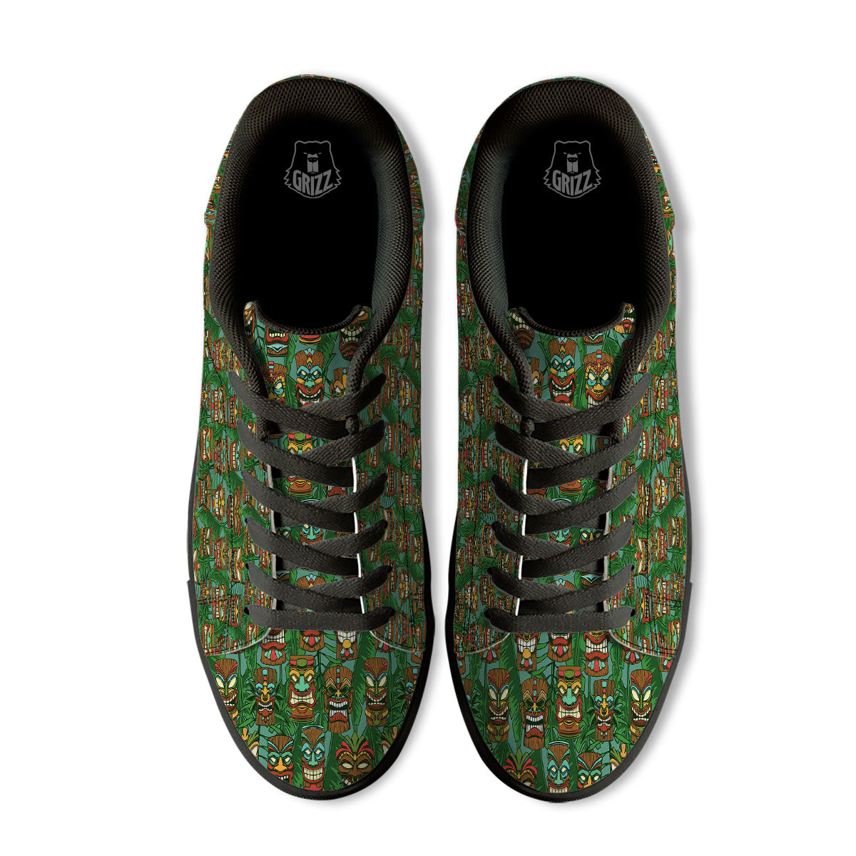 Tiki Hawaiian Print Pattern Black Low Top Sneakers-grizzshop