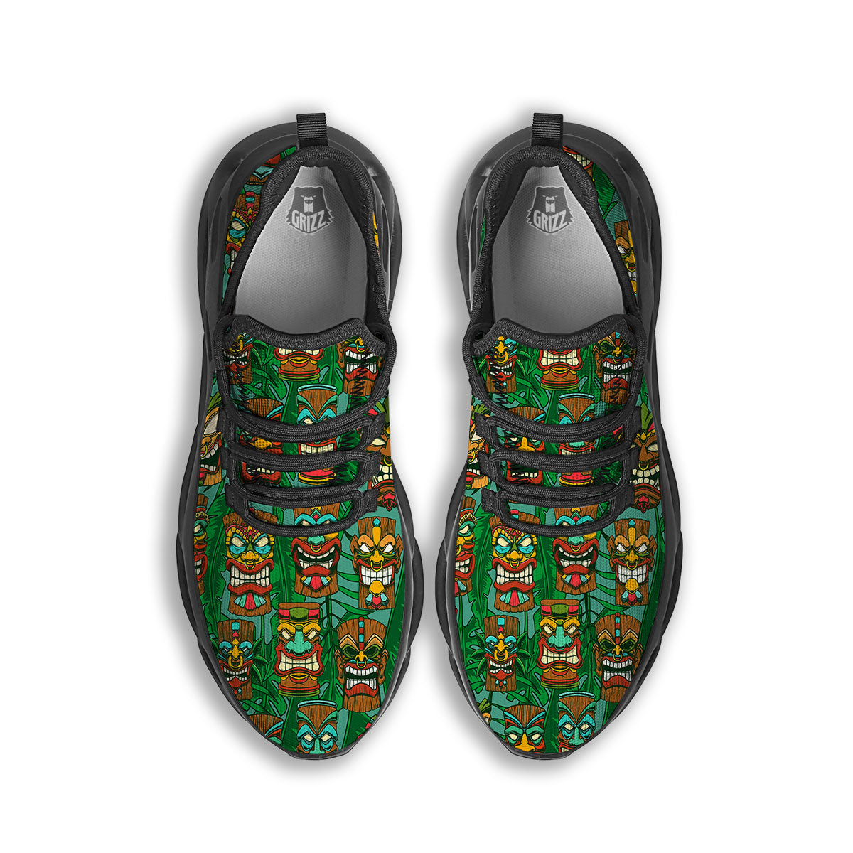 Tiki Hawaiian Print Pattern Black Running Shoes-grizzshop