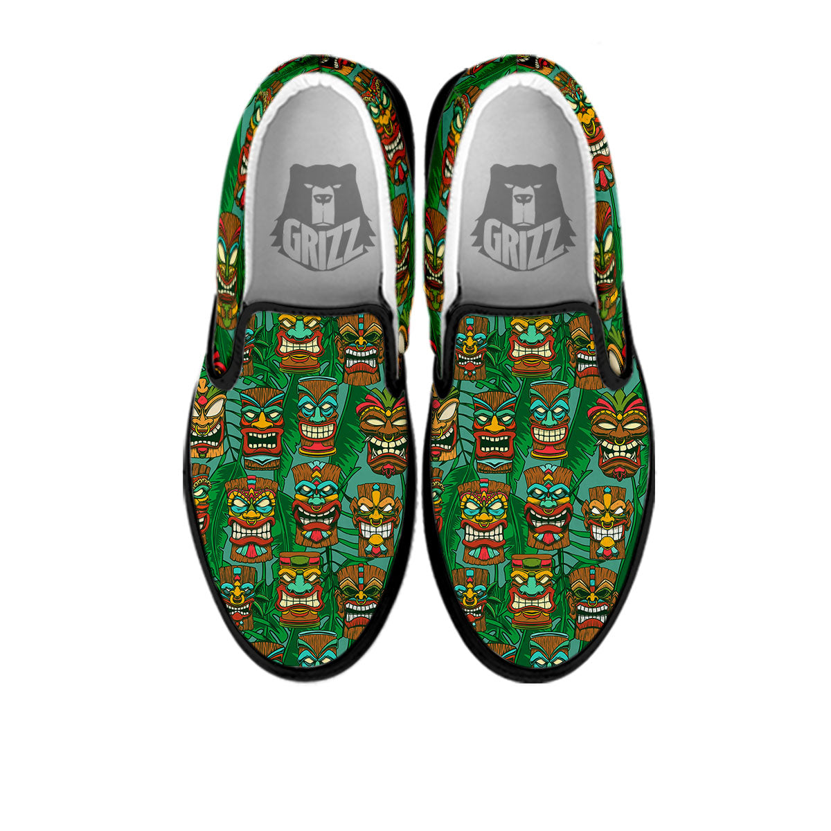 Tiki Hawaiian Print Pattern Black Slip On Shoes-grizzshop