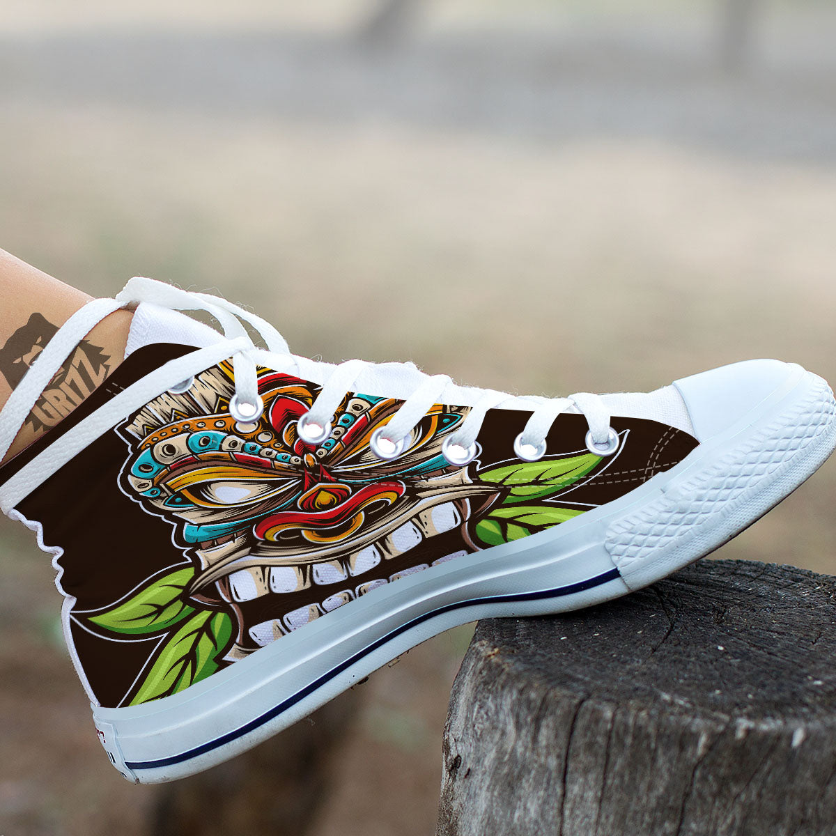 Tiki Hawaiian Print Pattern White High Top Shoes-grizzshop