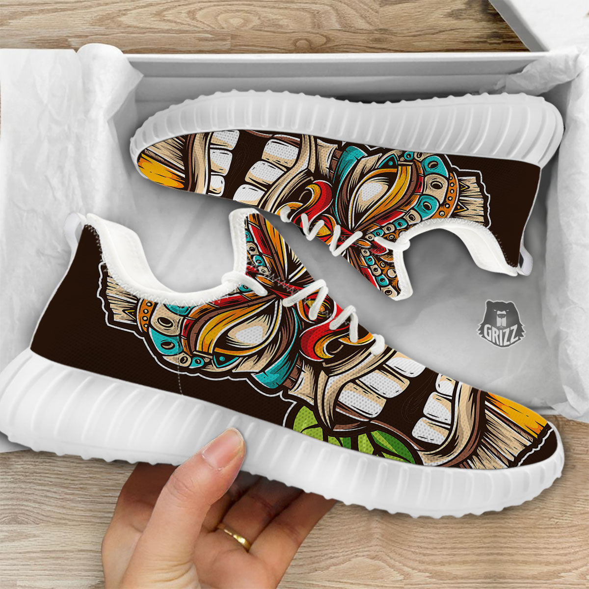 Tiki Hawaiian Print White Walking Shoes-grizzshop