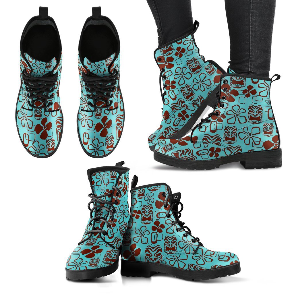 Tiki Hibiscus Pattern Print Men Women Leather Boots-grizzshop