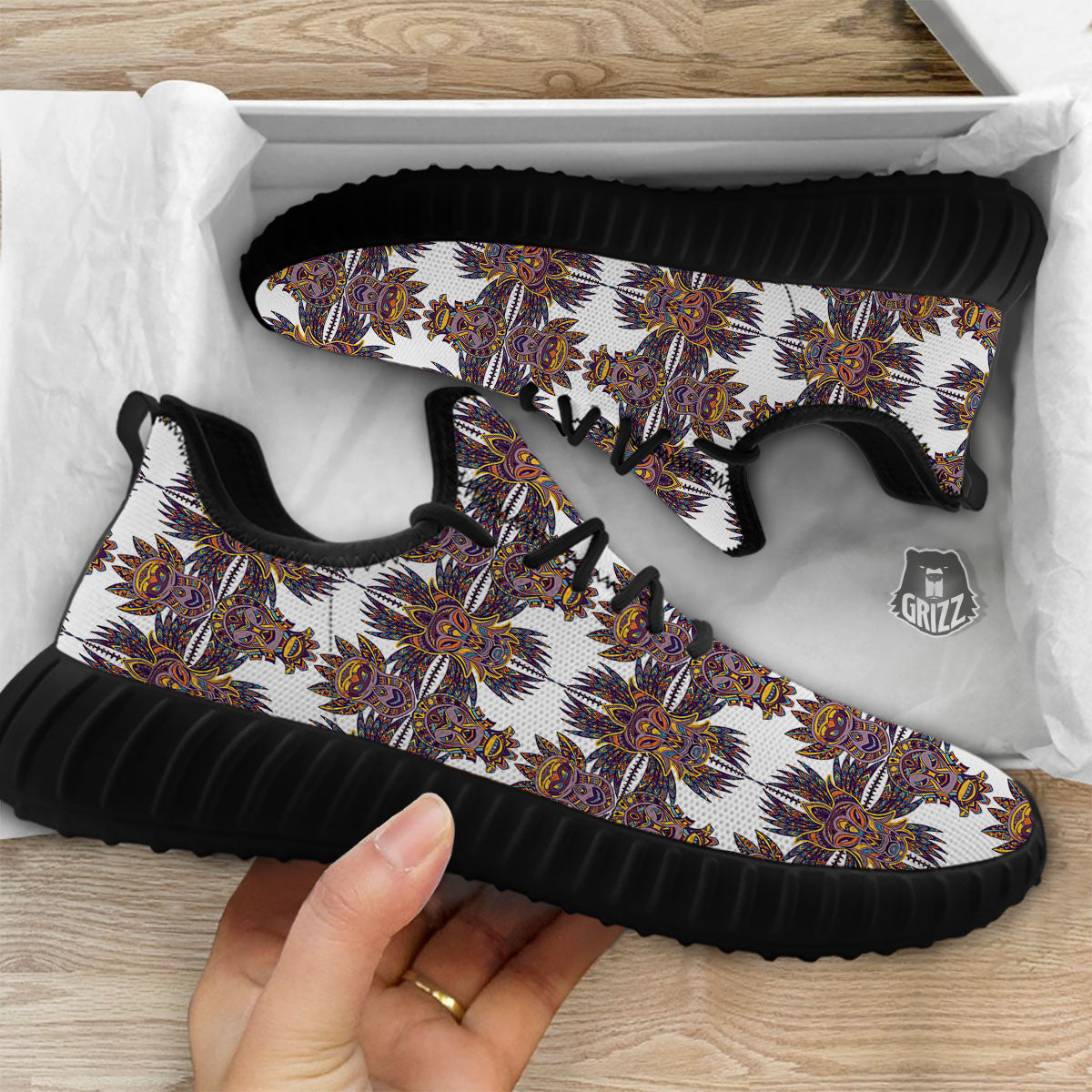 Tiki Mask Ornament Print Pattern Black Walking Shoes-grizzshop