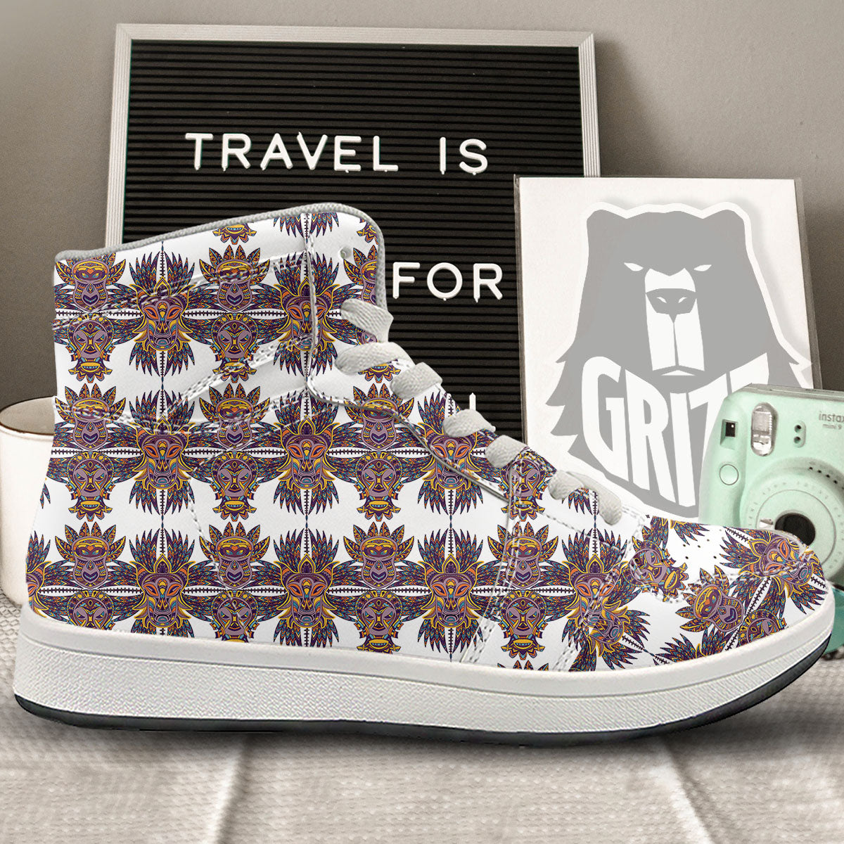 Tiki Mask Ornament Print Pattern High Top Sneakers-grizzshop