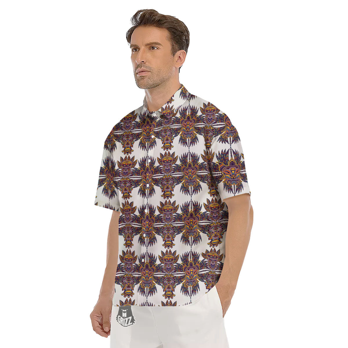 Tiki Mask Ornament Print Pattern Men's Short Sleeve Shirts-grizzshop