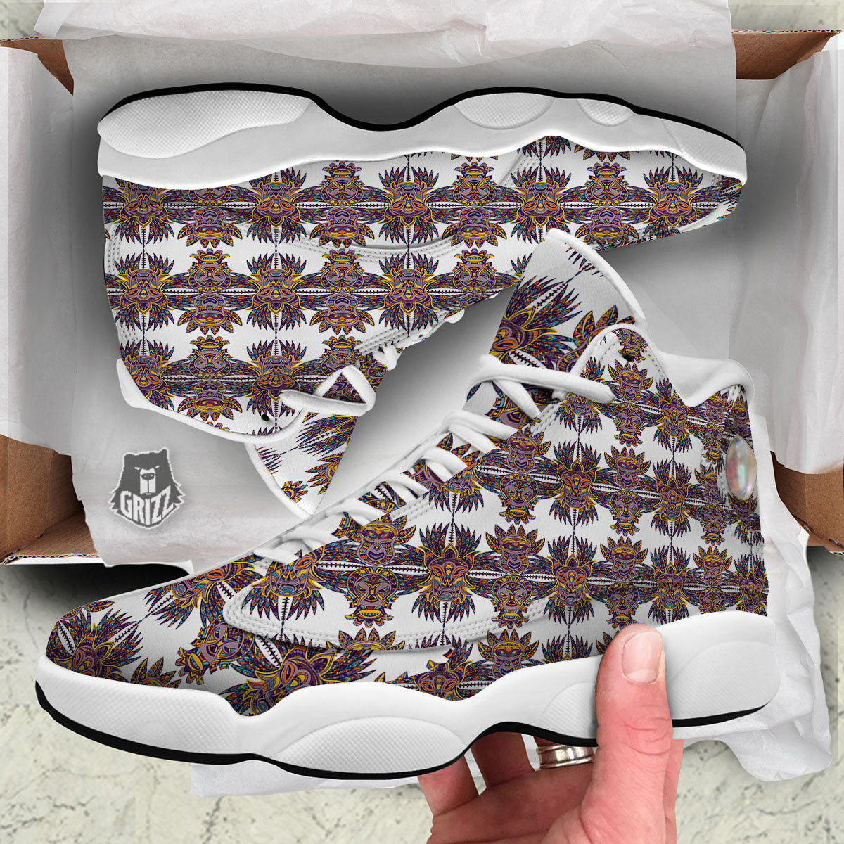 Tiki Mask Ornament Print Pattern White Basketball Shoes-grizzshop