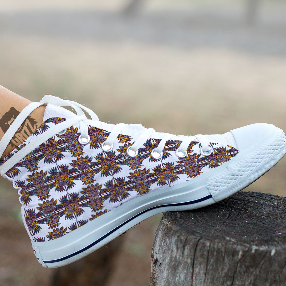 Tiki Mask Ornament Print Pattern White High Top Shoes-grizzshop